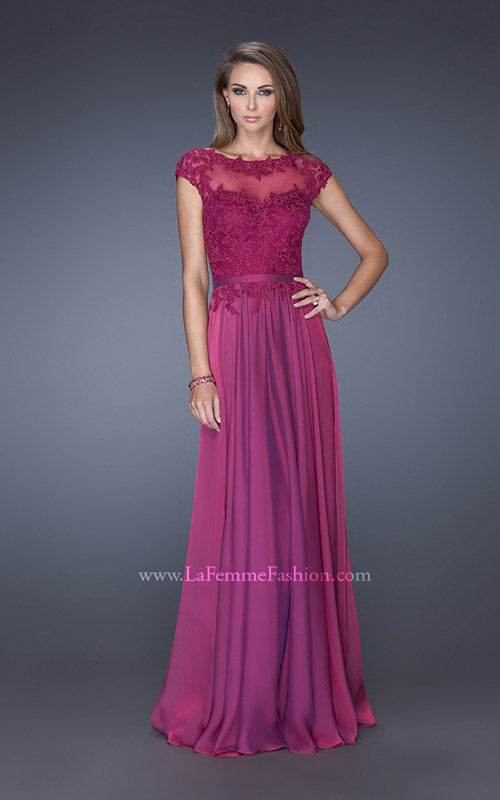 Picture of: Cap Sleeve Chiffon Evening Dress with Lace Accents in Pink, Style: 20476, Main Picture