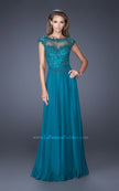 Picture of: Cap Sleeve Chiffon Evening Dress with Lace Accents in Blue, Style: 20476, Detail Picture 1