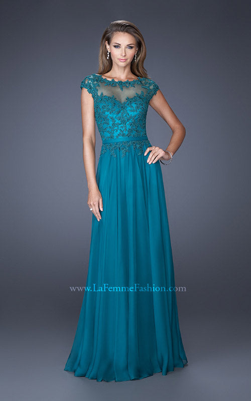 Picture of: Cap Sleeve Chiffon Evening Dress with Lace Accents in Blue, Style: 20476, Detail Picture 1
