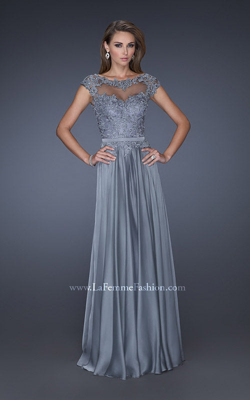 Picture of: Cap Sleeve Chiffon Evening Dress with Lace Accents in Silver, Style: 20476, Detail Picture 2