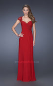 Picture of: Evening Gown with Lace, Ruching, and Cap Sleeves in Red, Style: 20487, Detail Picture 1