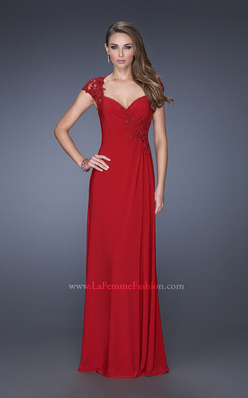 Picture of: Evening Gown with Lace, Ruching, and Cap Sleeves in Red, Style: 20487, Detail Picture 1
