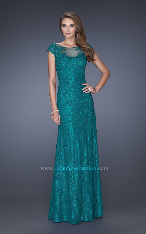 Picture of: Long Lace Evening Dress with Cap Sleeves in Green, Style: 20490, Detail Picture 2