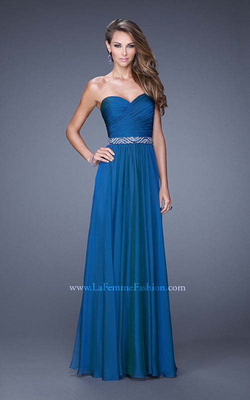 Picture of: Long Chiffon Dress with Ruched Detail and Embellishments in Blue, Style: 20527, Main Picture