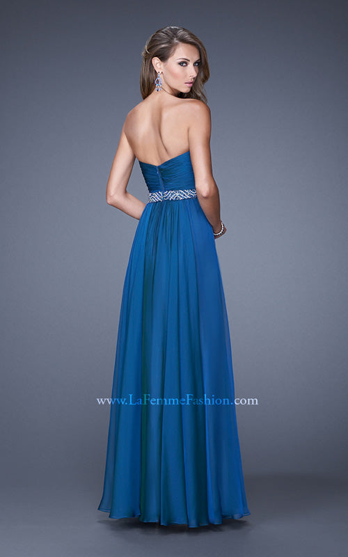 Picture of: Long Chiffon Dress with Ruched Detail and Embellishments in Blue, Style: 20527, Back Picture