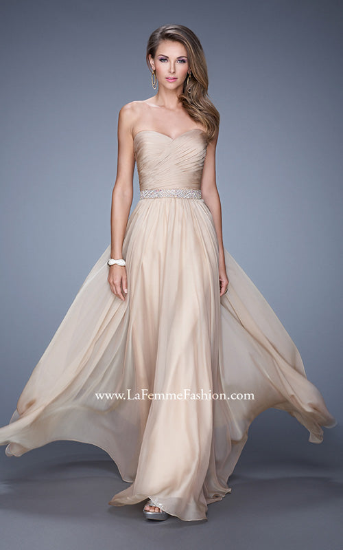 Picture of: Long Chiffon Dress with Ruched Detail and Embellishments in Nude, Style: 20527, Detail Picture 1