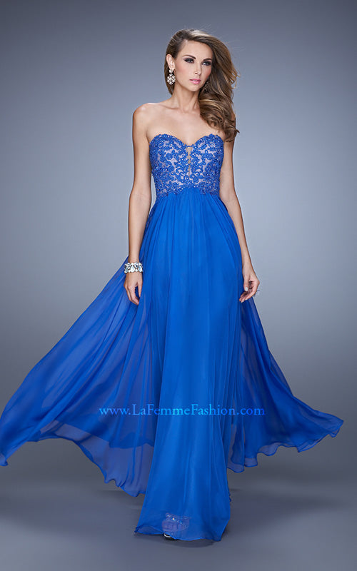 Picture of: Long Prom Gown with Jeweled Lace Appliques and Beads in Blue, Style: 20534, Main Picture