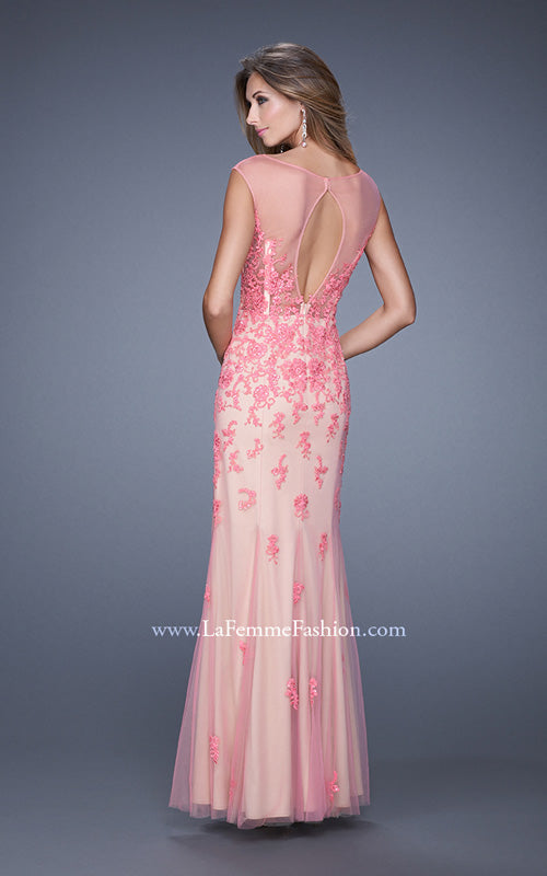 Picture of: Nude Jersey Prom Dress with Colored Tulle Overlay in Pink, Style: 20569, Back Picture