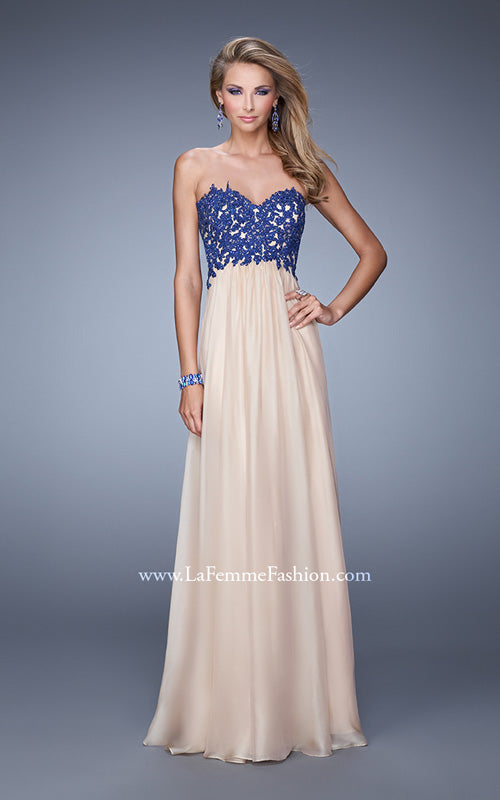 Picture of: Nude Chiffon Prom Gown with Contrasting Beaded Lace Top in Nude, Style: 20617, Main Picture