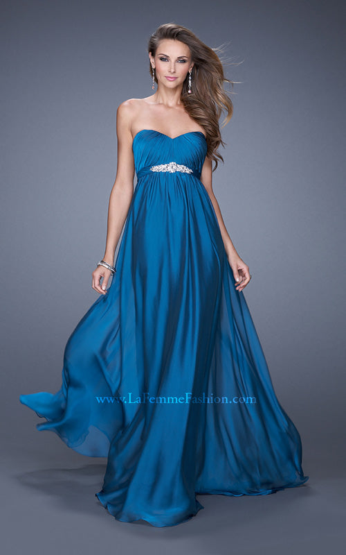 Picture of: Empire Waist Prom Gown with Gathered Bodice and Beads in Blue, Style: 20625, Detail Picture 1