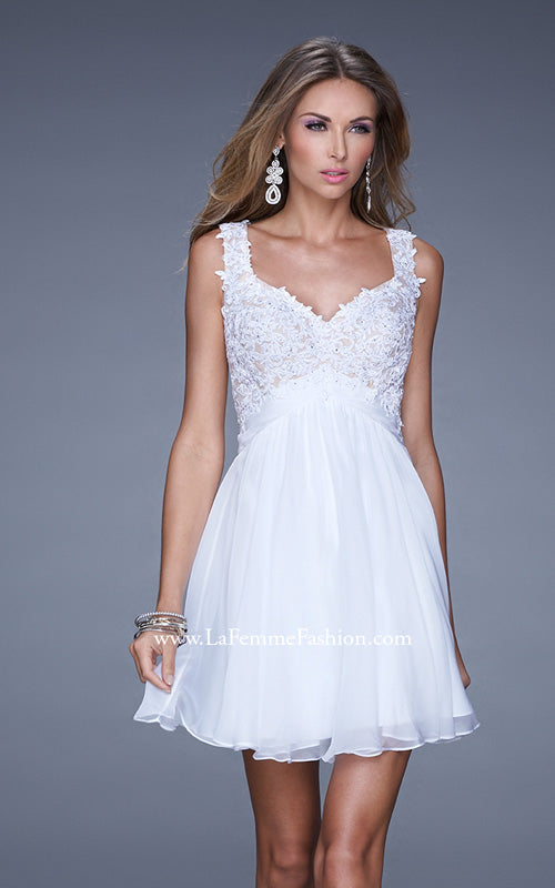 Picture of: Short Chiffon Prom Dress with Jeweled Lace Bodice in White, Style: 20631, Detail Picture 3