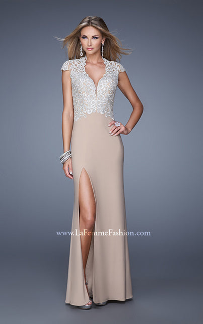 Picture of: Sheer Cap Sleeve Long Jersey Prom Dress with Details in Nude, Style: 20648, Detail Picture 2