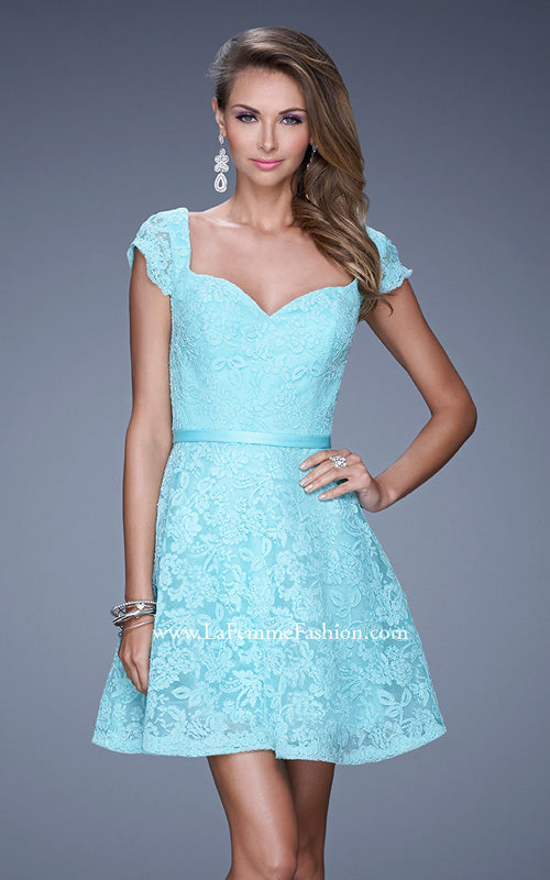 Picture of: Sheer Cap Sleeve Lace Cocktail Dress with Thin Belt in Aqua, Style: 20699, Detail Picture 2