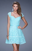 Picture of: Sheer Cap Sleeve Lace Cocktail Dress with Thin Belt in Aqua, Style: 20699, Detail Picture 2