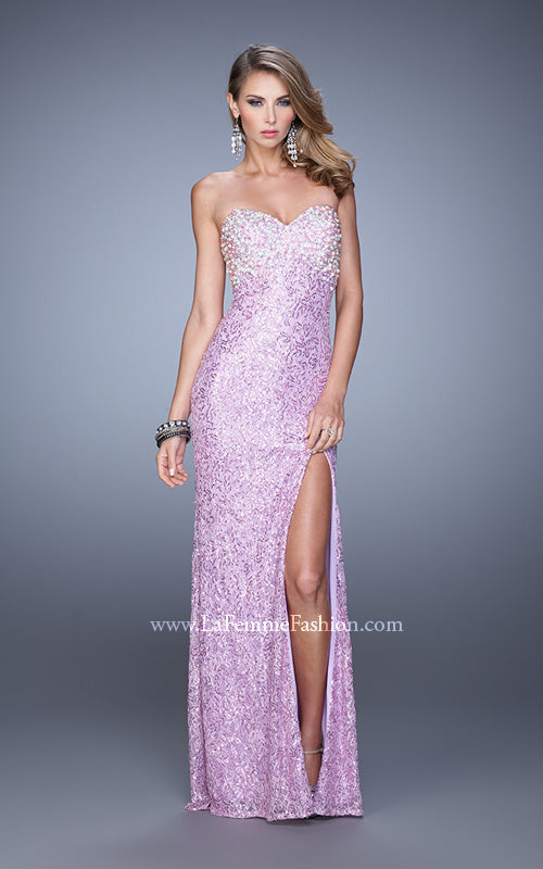 Picture of: Pearl Encrusted Beaded Lace Long Prom Gown in Purple, Style: 20705, Detail Picture 2