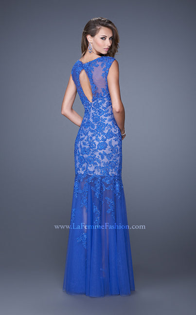 Picture of: Mermaid Gown with Sheer Neckline and Tulle Skirt in Blue, Style: 20722, Back Picture