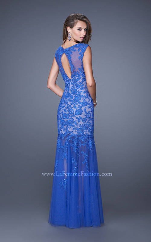Picture of: Mermaid Gown with Sheer Neckline and Tulle Skirt in Blue, Style: 20722, Back Picture
