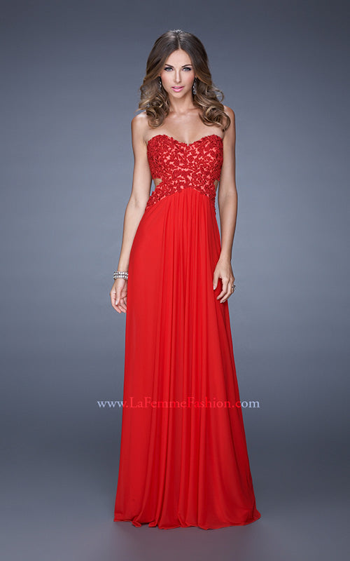 Picture of: Jewel Lace Bodice Long Net Jersey Prom Dress in Red, Style: 20733, Detail Picture 1
