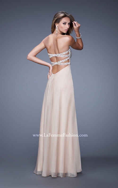 Picture of: Strapless Chiffon Dress with Embellished Back Straps in Nude, Style: 20784, Back Picture