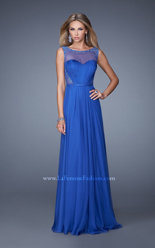 Picture of: Long Prom Dress with Sheer Net Detail and Embellishments in Blue, Style: 20807, Detail Picture 2