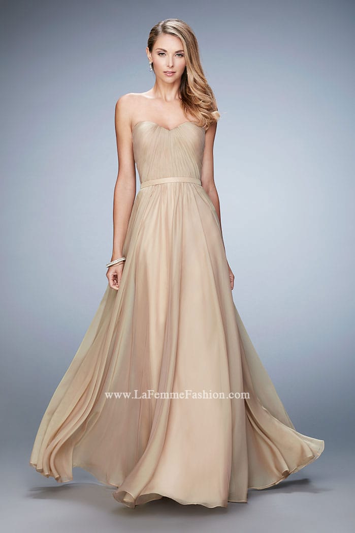 Picture of: Long Strapless Gown with Pleated Bodice and Belt in Gold, Style: 20808, Main Picture