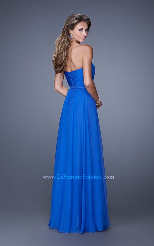 Picture of: Long Strapless Gown with Pleated Bodice and Belt in Blue, Style: 20808, Back Picture