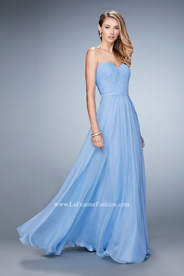 Picture of: Long Strapless Gown with Pleated Bodice and Belt in Blue, Style: 20808, Detail Picture 1