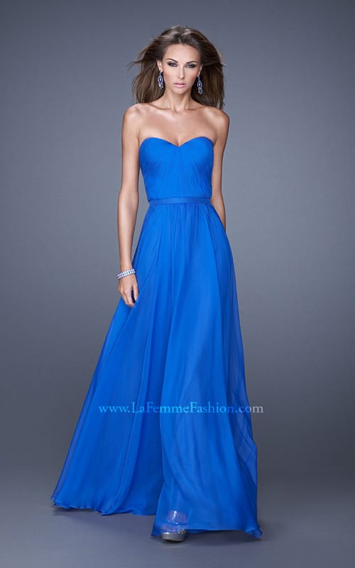 Picture of: Long Strapless Gown with Pleated Bodice and Belt in Blue, Style: 20808, Detail Picture 6