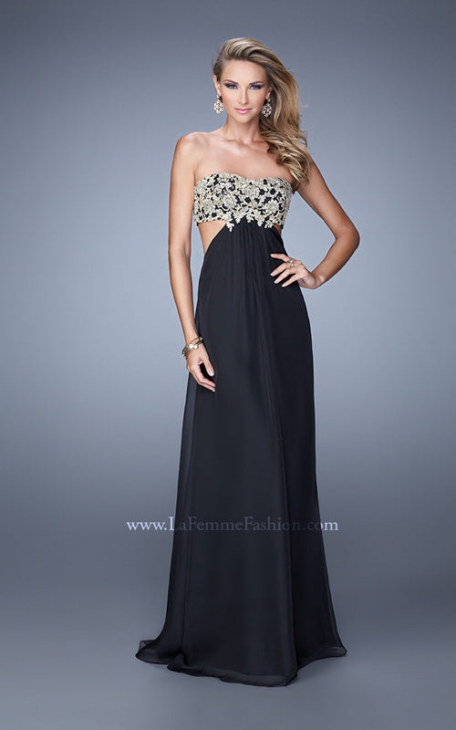 Picture of: Strapless Chiffon Gown with Metallic Lace Top and Slits in Black, Style: 20819, Main Picture