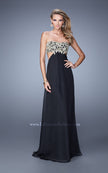 Picture of: Strapless Chiffon Gown with Metallic Lace Top and Slits in Black, Style: 20819, Main Picture