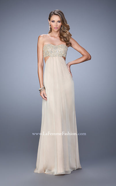 Picture of: Strapless Chiffon Gown with Metallic Lace Top and Slits in Nude, Style: 20819, Detail Picture 3