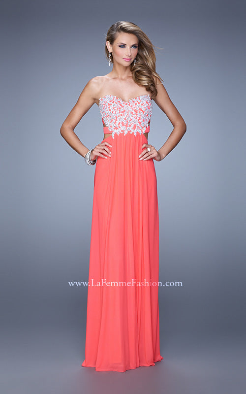 Picture of: Embellished Net Jersey Dress with Cut Outs and Side Straps in Coral, Style: 20861, Detail Picture 2