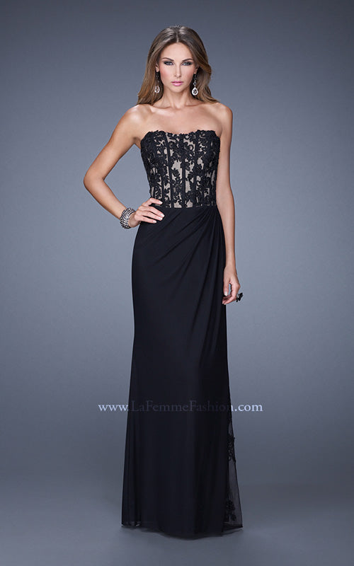 Picture of: Long Lace Corset Bodice Prom Dress with Open Back in Black, Style: 20869, Detail Picture 1