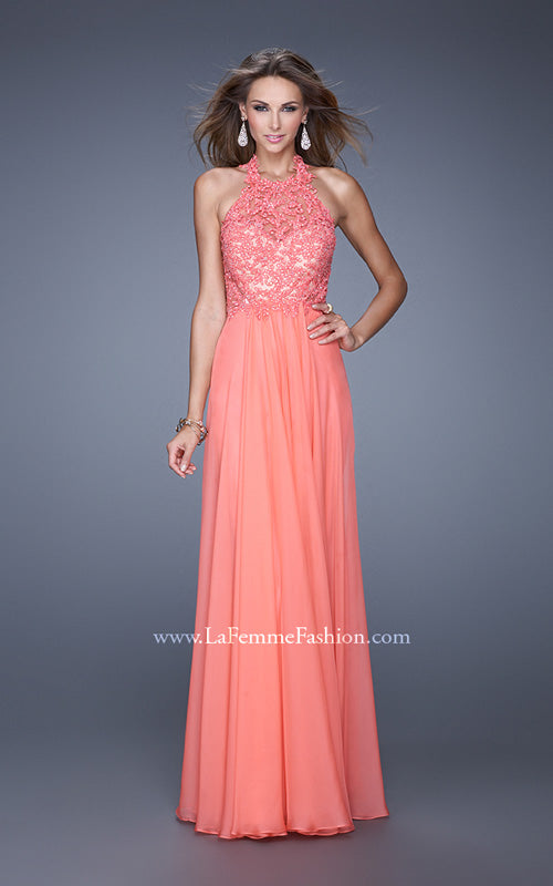 Picture of: Halter Neck and Lace Bodice Long Prom Gown in Coral, Style: 20874, Main Picture