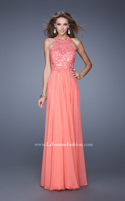 Picture of: Halter Neck and Lace Bodice Long Prom Gown in Coral, Style: 20874, Main Picture