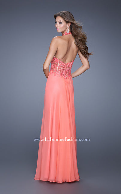 Picture of: Halter Neck and Lace Bodice Long Prom Gown in Coral, Style: 20874, Back Picture