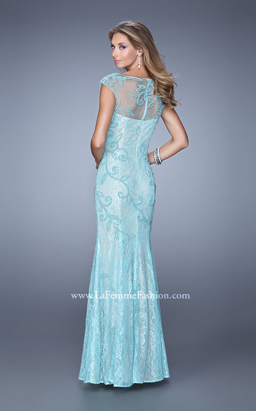 Picture of: Lace Dress with Vintage Inspired Pearls and Cap Sleeves in Aqua, Style: 20892, Back Picture