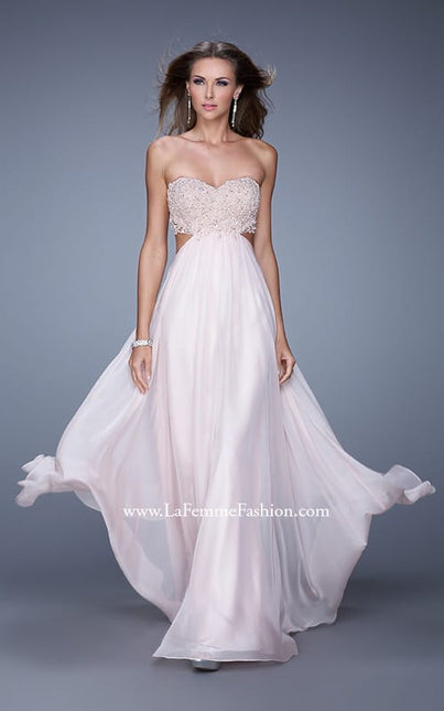 Picture of: Long Strapless Chiffon Gown with Beaded Lace Applique in Pink, Style: 20898, Main Picture