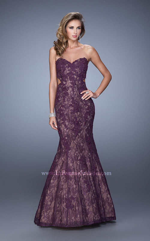 Picture of: Long Lace Mermaid Prom Gown with Open Back in Purple, Style: 20925, Detail Picture 1