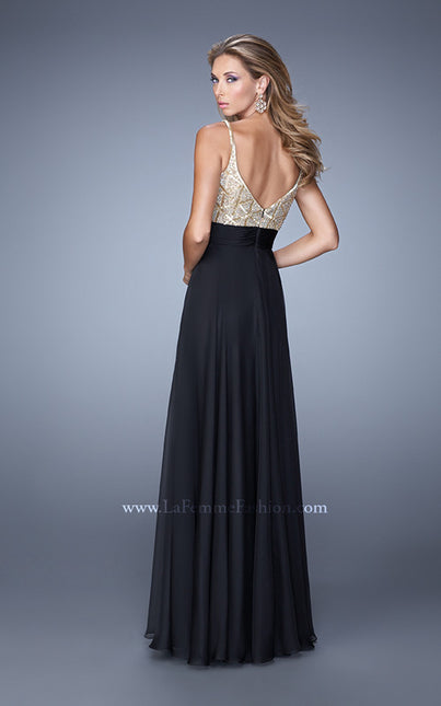 Picture of: Long Chiffon Prom Dress with Gathered Waist and Beading in Black Gold, Style: 20932, Back Picture