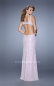 Picture of: Long Beaded Lace Gown with High Neckline and Cut Outs in Pink, Style: 20933, Back Picture