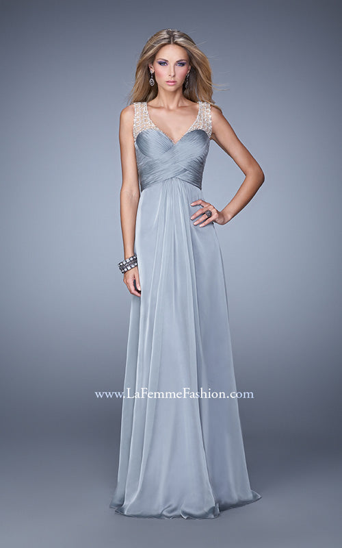 Picture of: Long Chiffon Prom Gown with Embellished Straps in Silver, Style: 20962, Detail Picture 2
