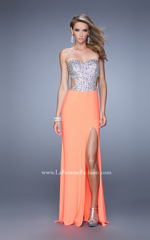 Picture of: Bold Sequined Bodice Prom Dress with Cut Outs in Orange Multi, Style: 20968, Detail Picture 1