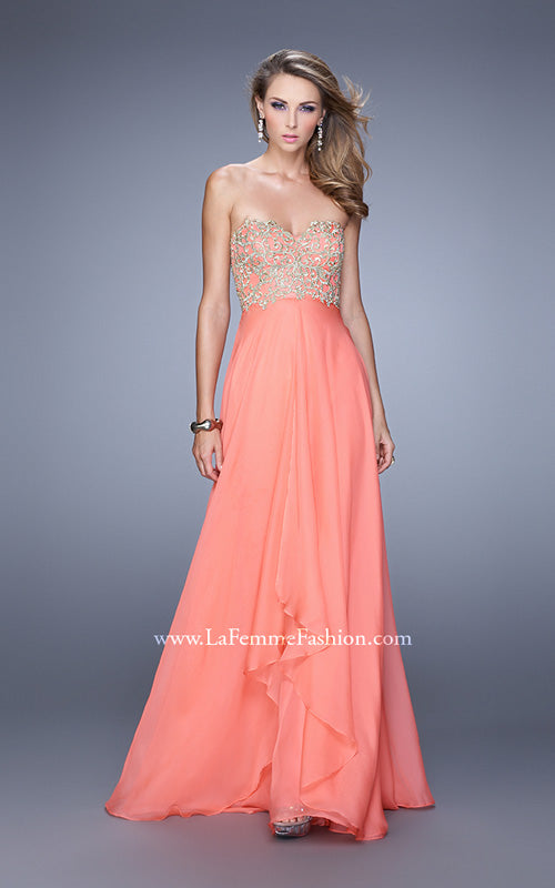 Picture of: Strapless Chiffon Gown with Tiered Skirt and Beading in Peach, Style: 20994, Detail Picture 3