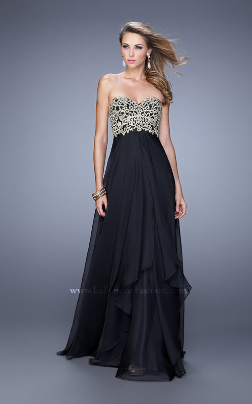 Picture of: Strapless Chiffon Gown with Tiered Skirt and Beading in Black, Style: 20994, Detail Picture 5