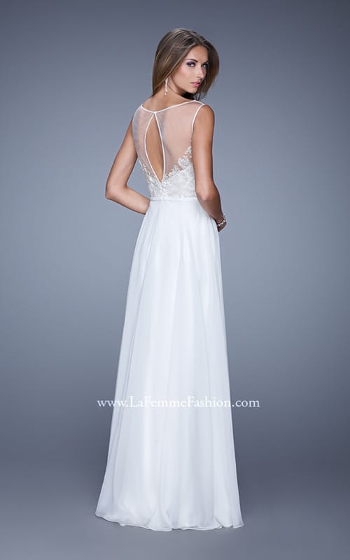Picture of: Long Chiffon Dress with Embroidery and Keyhole Back in White, Style: 21005, Back Picture