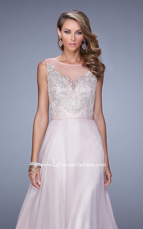 Picture of: Long Chiffon Dress with Embroidery and Keyhole Back in Pink, Style: 21005, Detail Picture 3