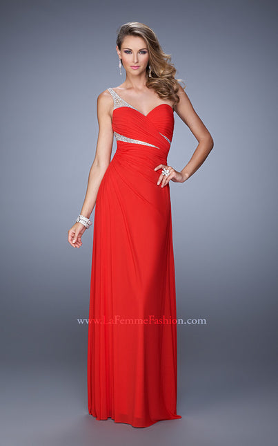 Picture of: One Shoulder Prom Dress with Cut Outs and Rhinestones in Red, Style: 21011, Detail Picture 1