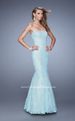 Picture of: Long Lace Mermaid Gown with Pearls and Rhinestones in Aqua, Style: 21034, Detail Picture 1