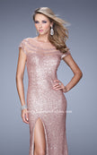 Picture of: Sultry Sequin Prom Dress with Cap Sleeves and Slit in Rose Gold, Style: 21058, Detail Picture 7
